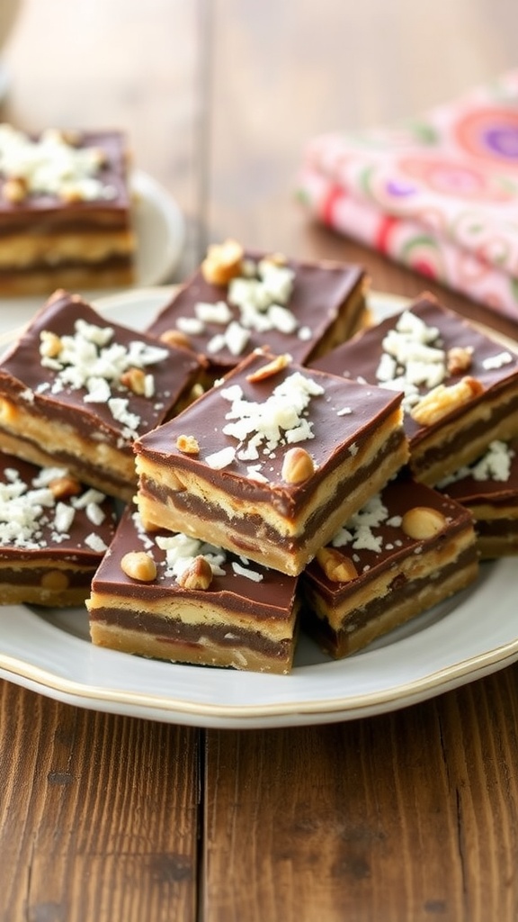 A plate of 7 layer cookie bars with chocolate, butterscotch, and coconut on a rustic wooden table.